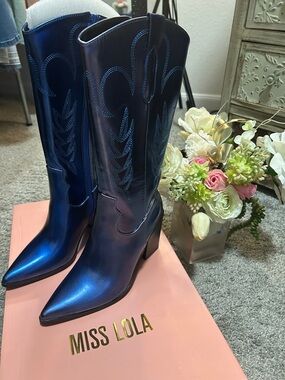 Miss Lola Shiny Blue Pointed Western Knee Boots with Block Heel